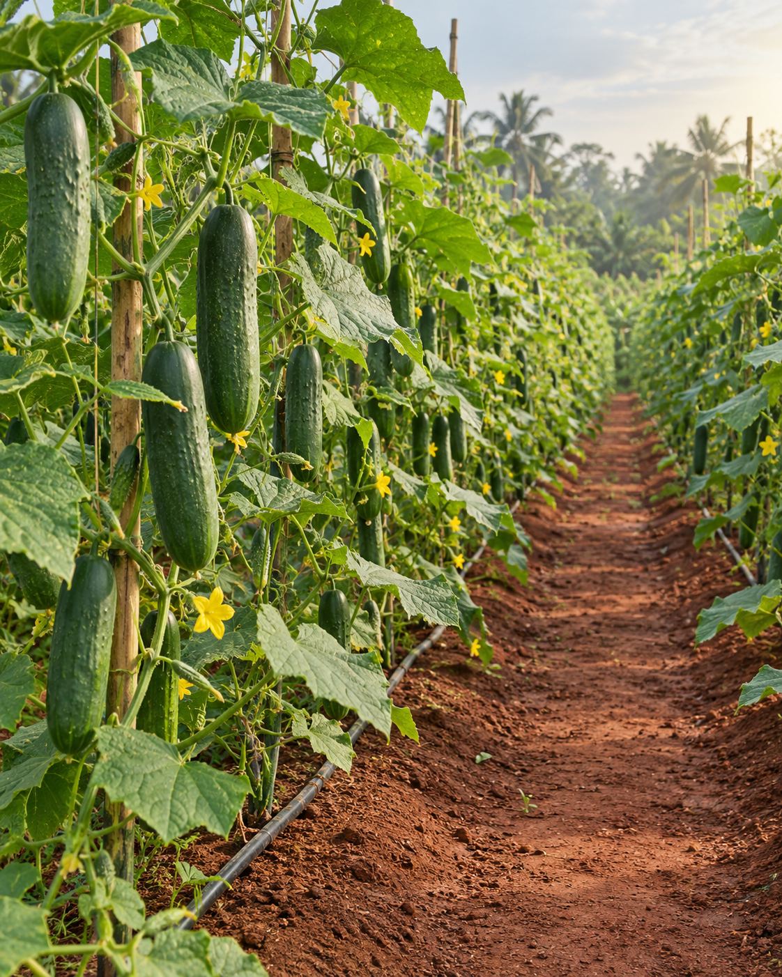 Trellised cucumber vines with plentiful green cucumbers and drip irrigation
