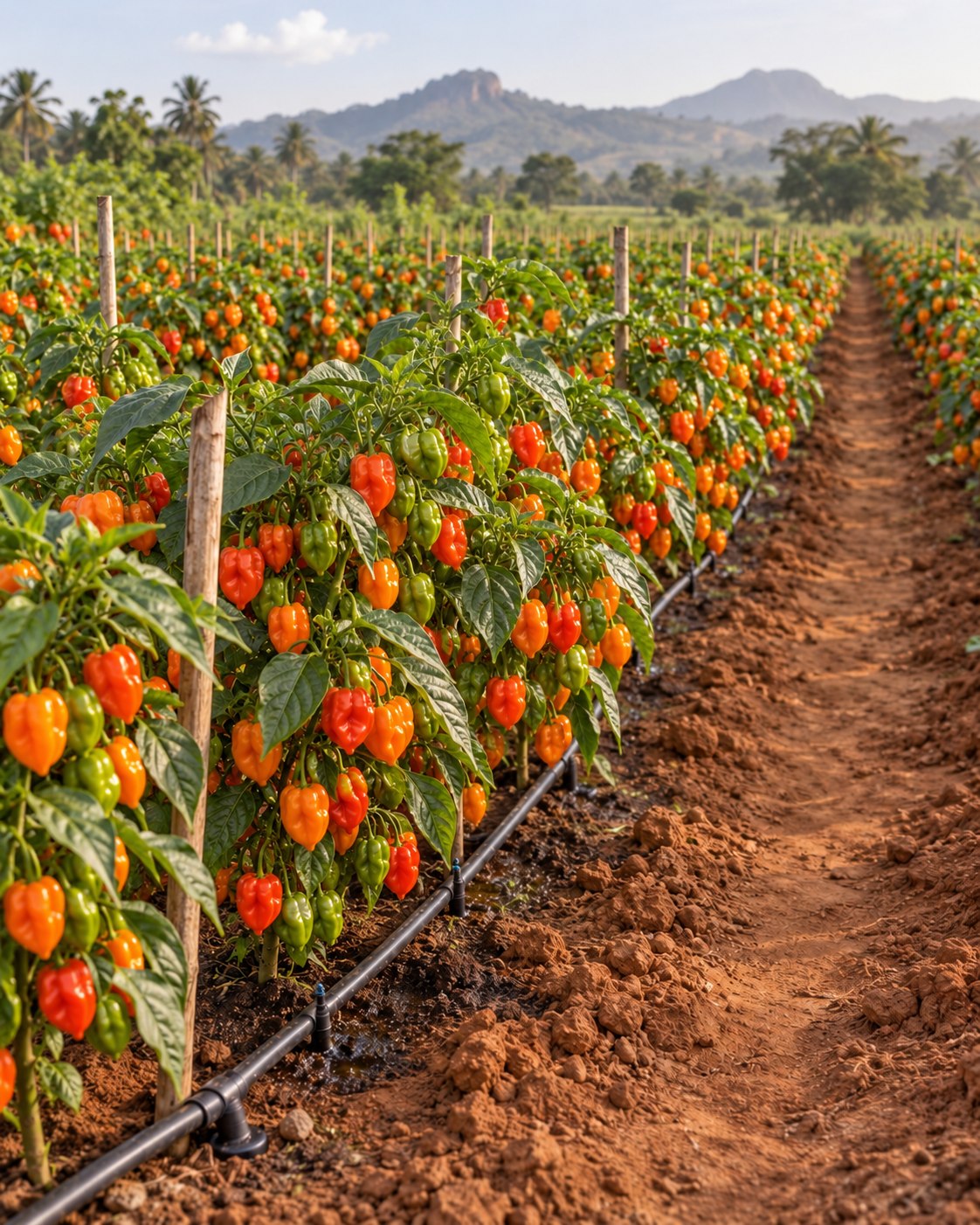Hybrid habanero farm with abundant fruit and visible drip irrigation lines
