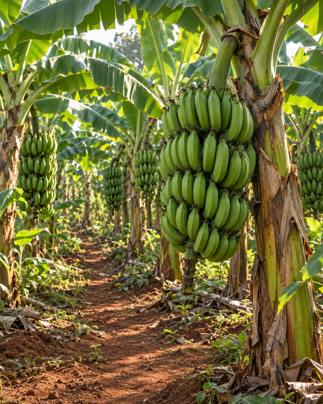 Rows of mature plantain plants carrying full bunches of green plantains