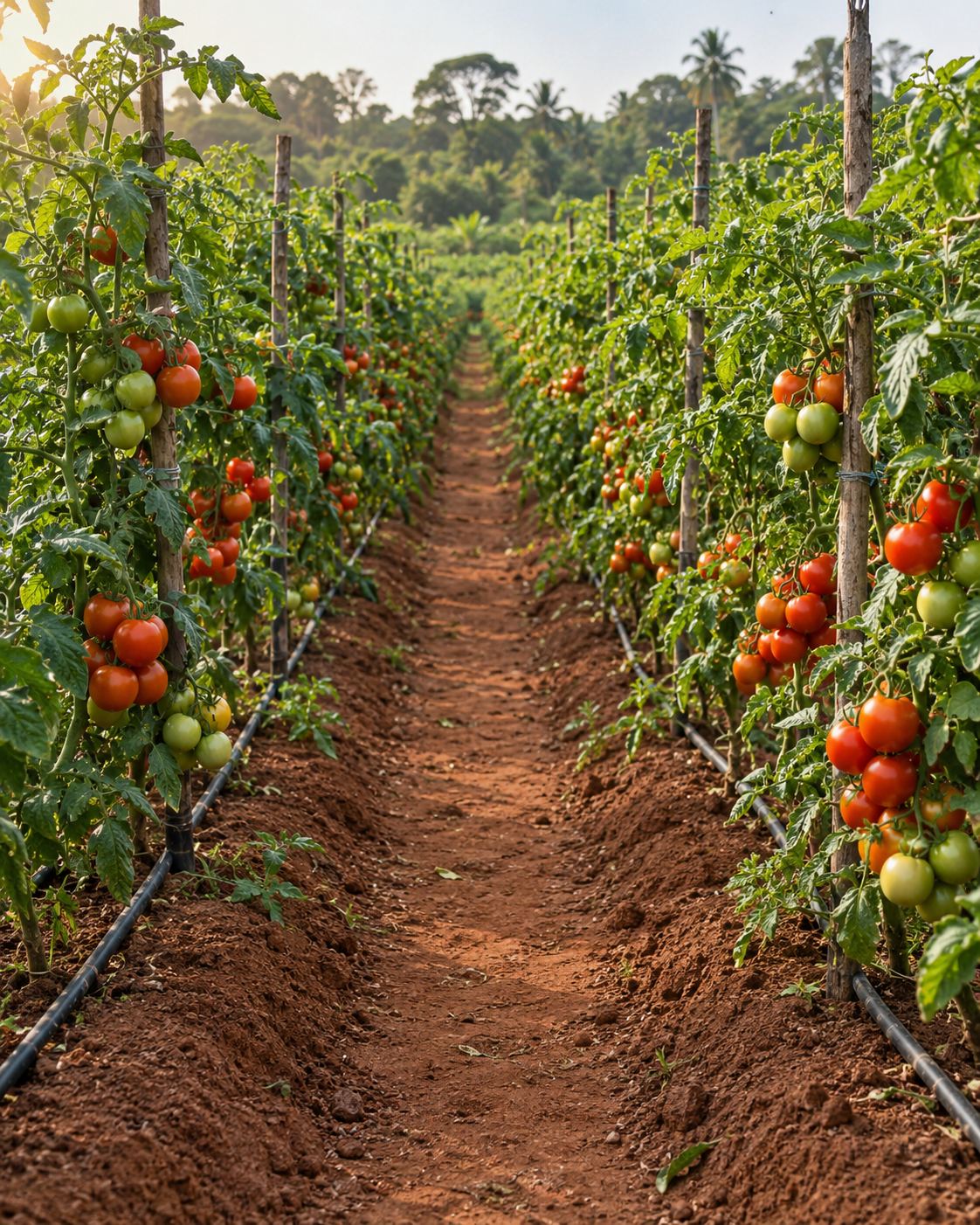 Staked tomato plants bearing red and green fruit beside drip irrigation lines