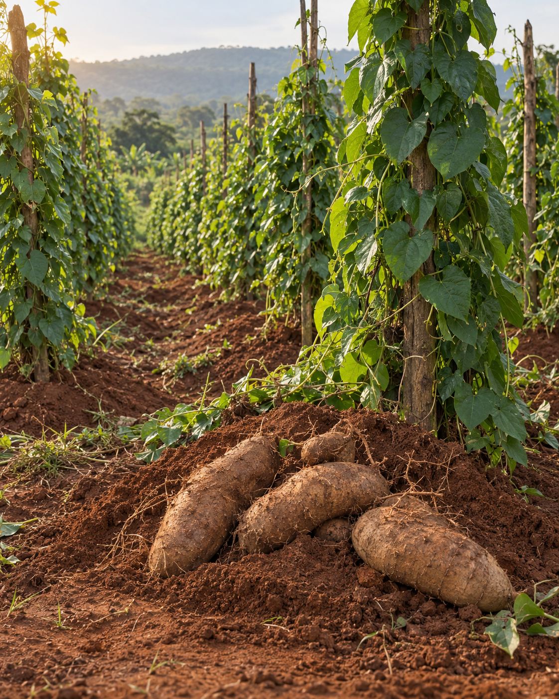 Green yam vines on wooden stakes with freshly harvested yam tubers beside a mound